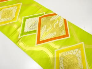 アンティーク　菱に鶴・蝶・立涌模様織り出し袋帯（着用可）